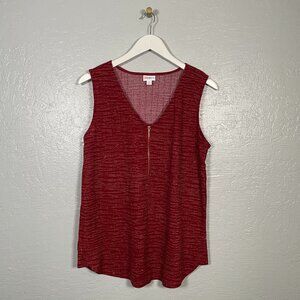 Lularoe Women M Red Beige Heather Rachael V Neck Zipper Tank Textured Knit